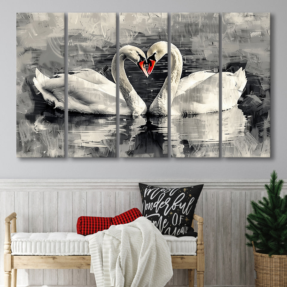 Couple Swans Love Painting, Mixed 5 Panel B Canvas Print Wall Art Decor, Extra Large Painting Canvas