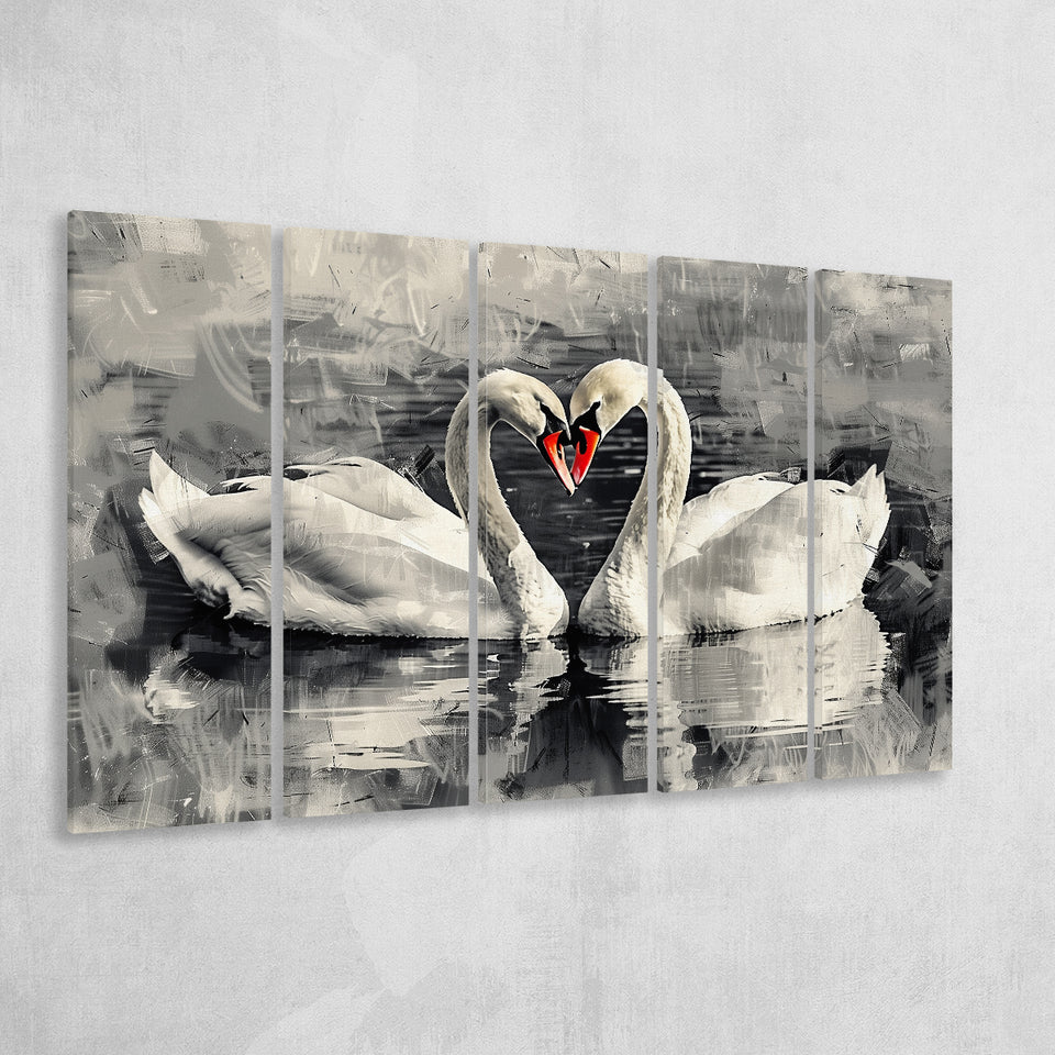 Couple Swans Love Painting, Mixed 5 Panel B Canvas Print Wall Art Decor, Extra Large Painting Canvas