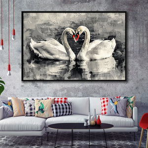 Couple Swans Love Painting, Framed Canvas Print Wall Art Decor, Floating Frame Painting Canvas