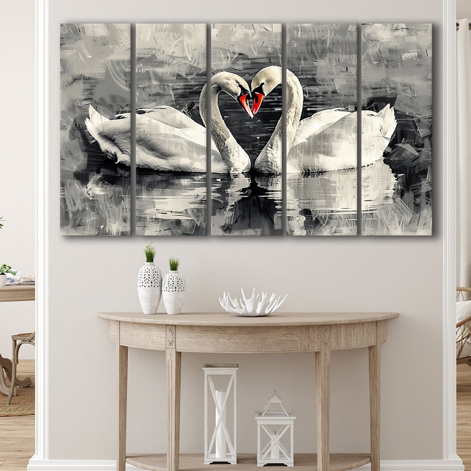 Couple Swans Love Painting, Mixed 5 Panel B Canvas Print Wall Art Decor, Extra Large Painting Canvas