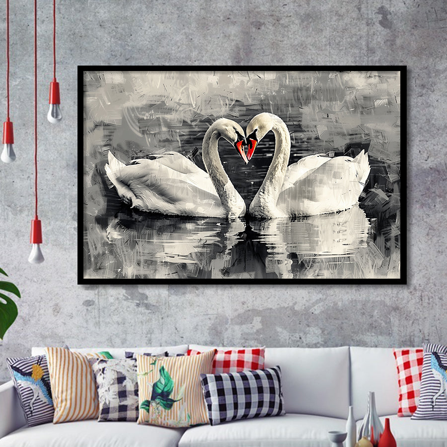 Couple Swans Love Painting, Framed Art Print Wall Decor, Picture Framed Painting Art