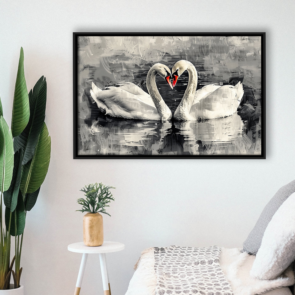 Couple Swans Love Painting, Framed Canvas Print Wall Art Decor, Floating Frame Painting Canvas