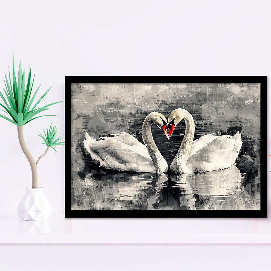 Couple Swans Love Painting, Framed Art Print Wall Decor, Picture Framed Painting Art