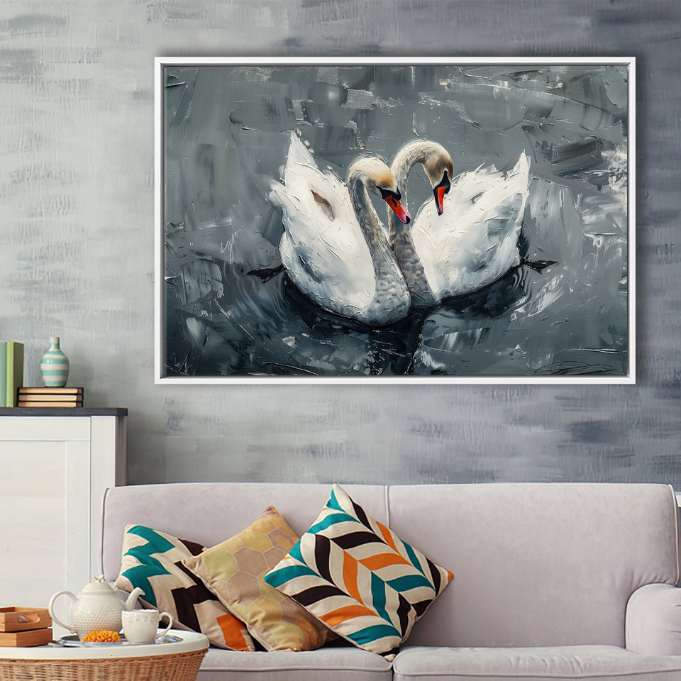 Couple Swans Oil Painting Love Art, Framed Canvas Print Wall Art Decor, Floating Frame Painting Canvas