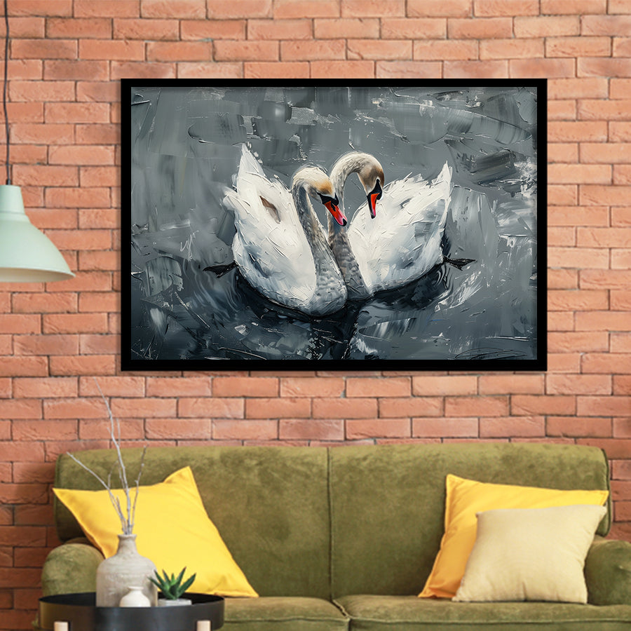 Couple Swans Oil Painting Love Art, Framed Art Print Wall Decor, Picture Framed Painting Art