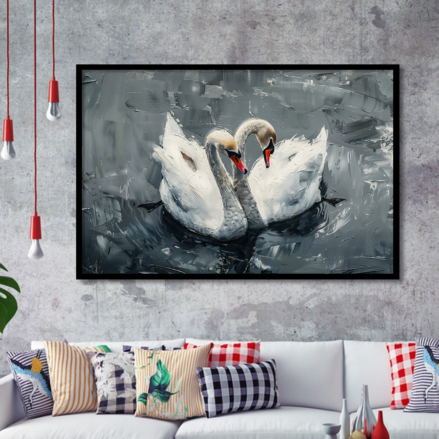 Couple Swans Oil Painting Love Art, Framed Art Print Wall Decor, Picture Framed Painting Art