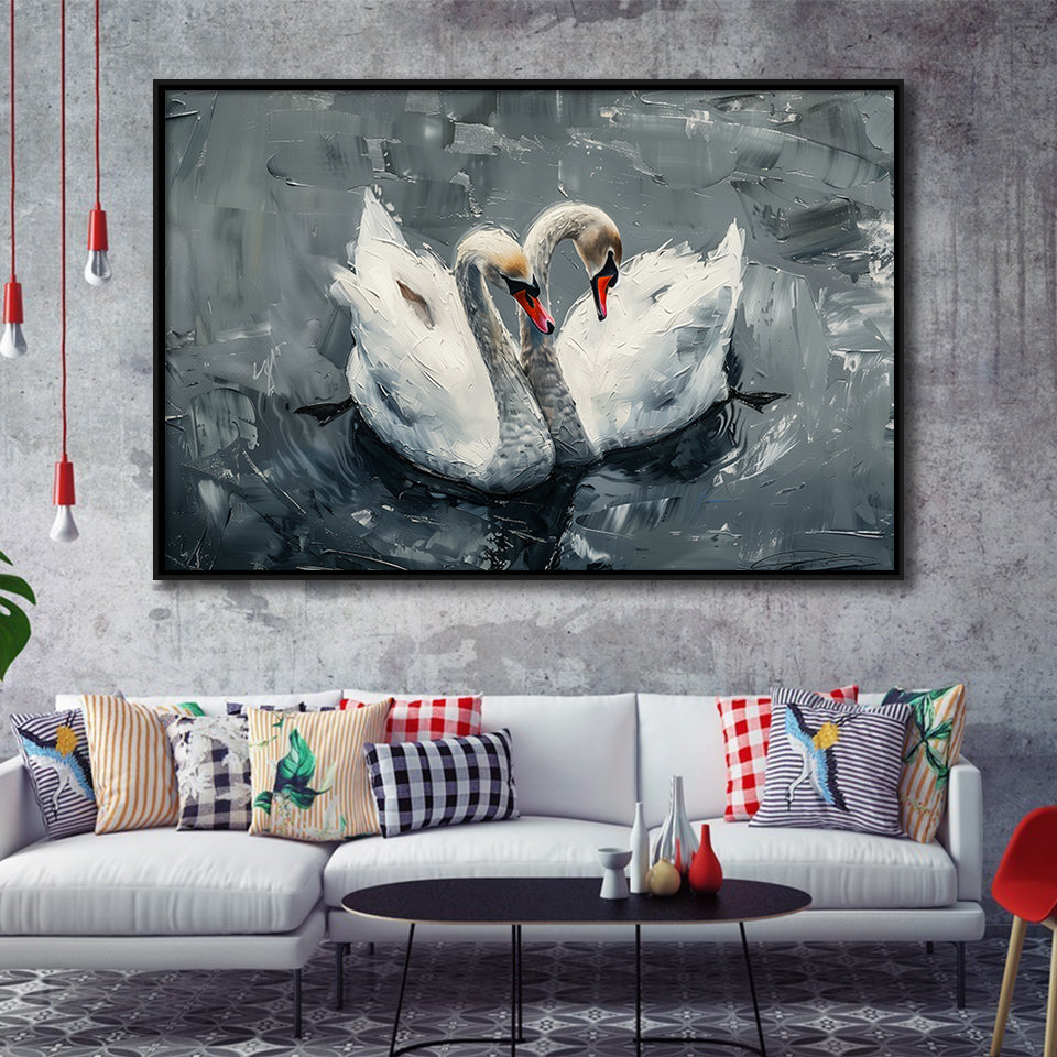 Couple Swans Oil Painting Love Art, Framed Canvas Print Wall Art Decor, Floating Frame Painting Canvas