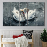 Couple Swans Oil Painting Love Art, Mixed 5 Panel B Canvas Print Wall Art Decor, Extra Large Painting Canvas