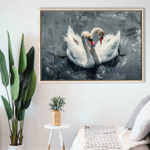 Couple Swans Oil Painting Love Art, Framed Canvas Print Wall Art Decor, Floating Frame Painting Canvas