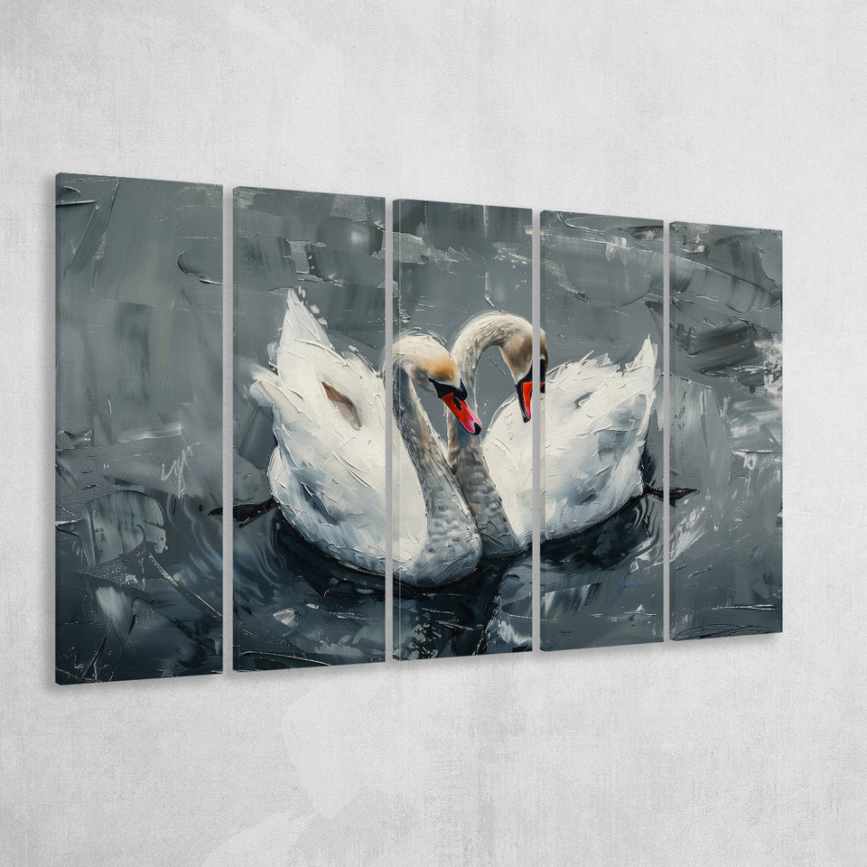 Couple Swans Oil Painting Love Art, Mixed 5 Panel B Canvas Print Wall Art Decor, Extra Large Painting Canvas