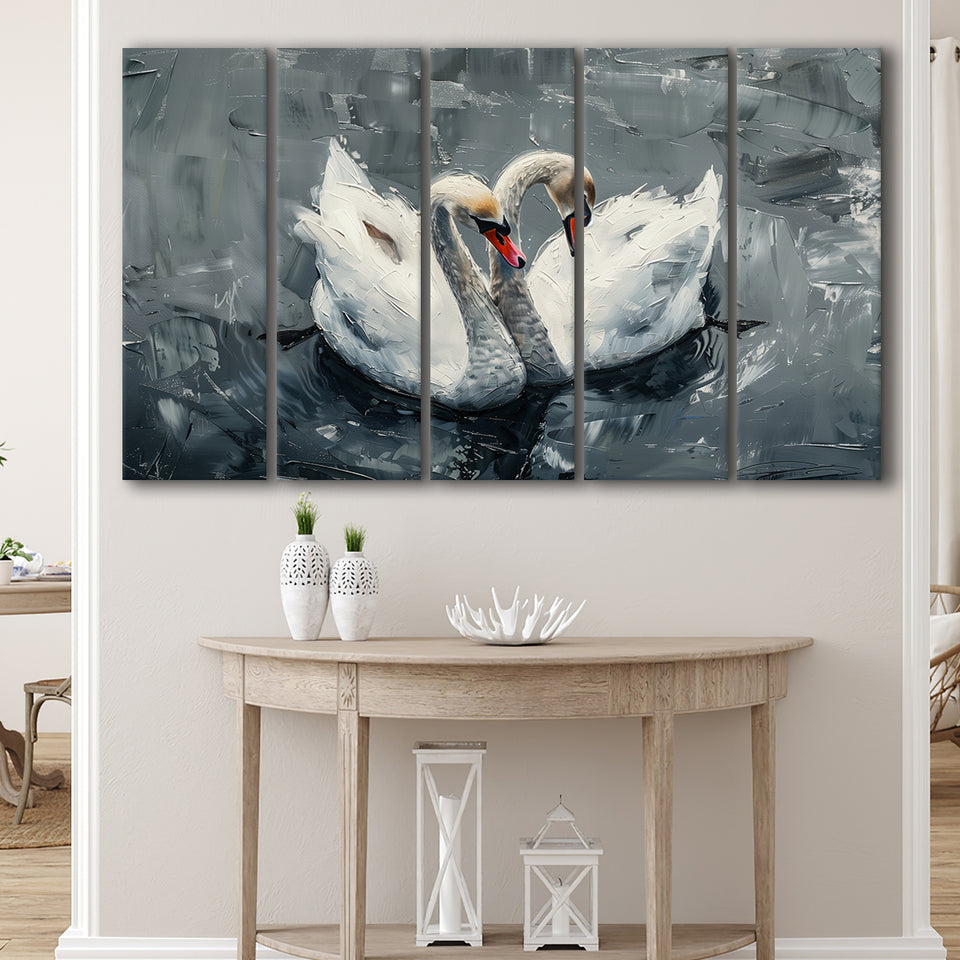 Couple Swans Oil Painting Love Art, Mixed 5 Panel B Canvas Print Wall Art Decor, Extra Large Painting Canvas