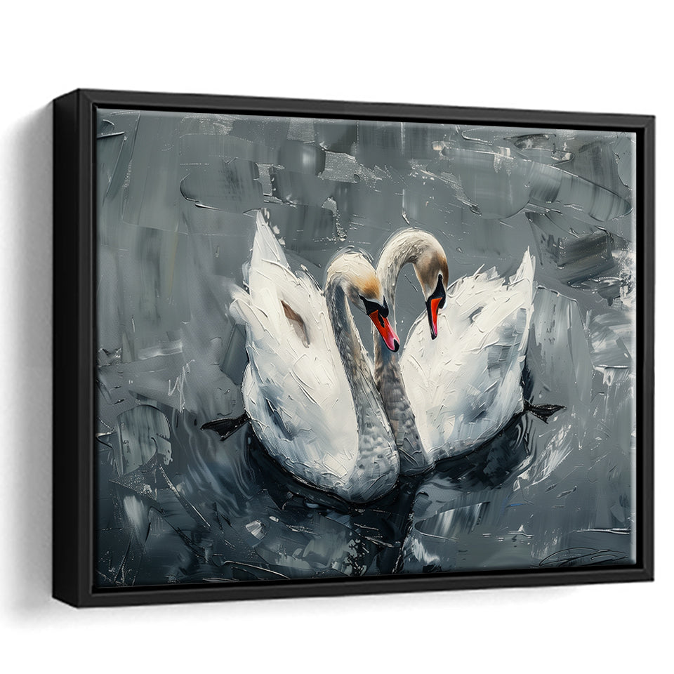 Couple Swans Oil Painting Love Art, Framed Canvas Print Wall Art Decor, Floating Frame Painting Canvas