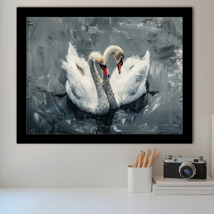 Couple Swans Oil Painting Love Art, Framed Art Print Wall Decor, Picture Framed Painting Art