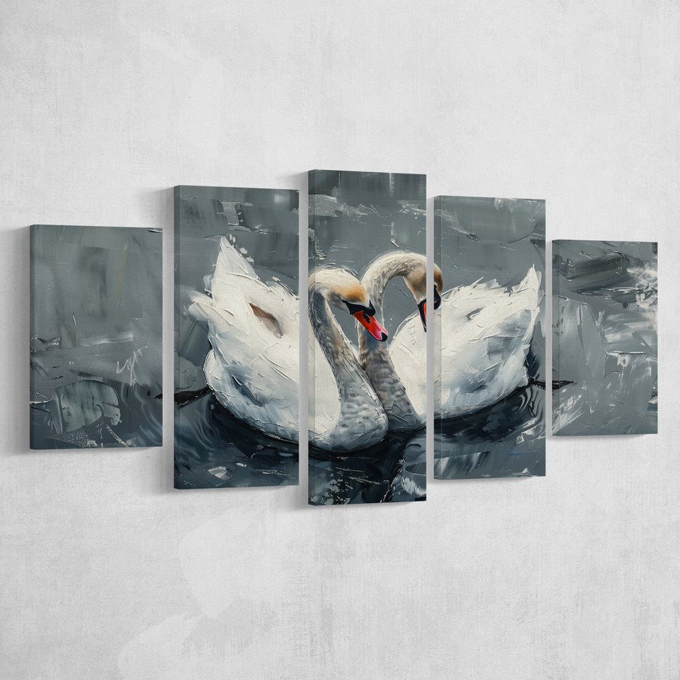 Couple Swans Oil Painting Love Art, Mixed 5 Panel Canvas Print Wall Art Home Decor, Large Canvas Painting