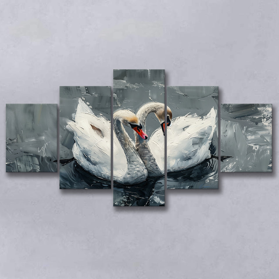 Couple Swans Oil Painting Love Art, Mixed 5 Panel Canvas Print Wall Art Home Decor, Large Canvas Painting