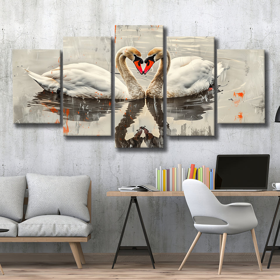 Couple Swans Vintage Painting, Mixed 5 Panel Canvas Print Wall Art Home Decor, Large Canvas Painting