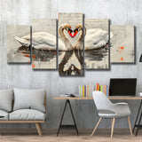 Couple Swans Vintage Painting, Mixed 5 Panel Canvas Print Wall Art Home Decor, Large Canvas Painting