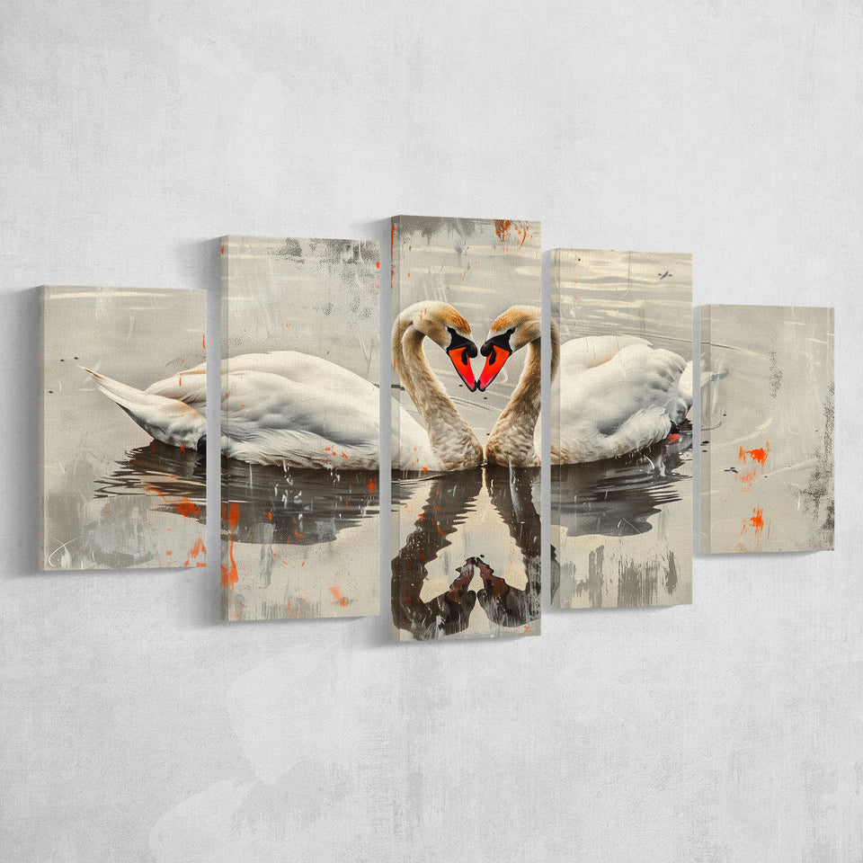 Couple Swans Vintage Painting, Mixed 5 Panel Canvas Print Wall Art Home Decor, Large Canvas Painting
