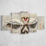 Couple Swans Vintage Painting, Mixed 5 Panel Canvas Print Wall Art Home Decor, Large Canvas Painting