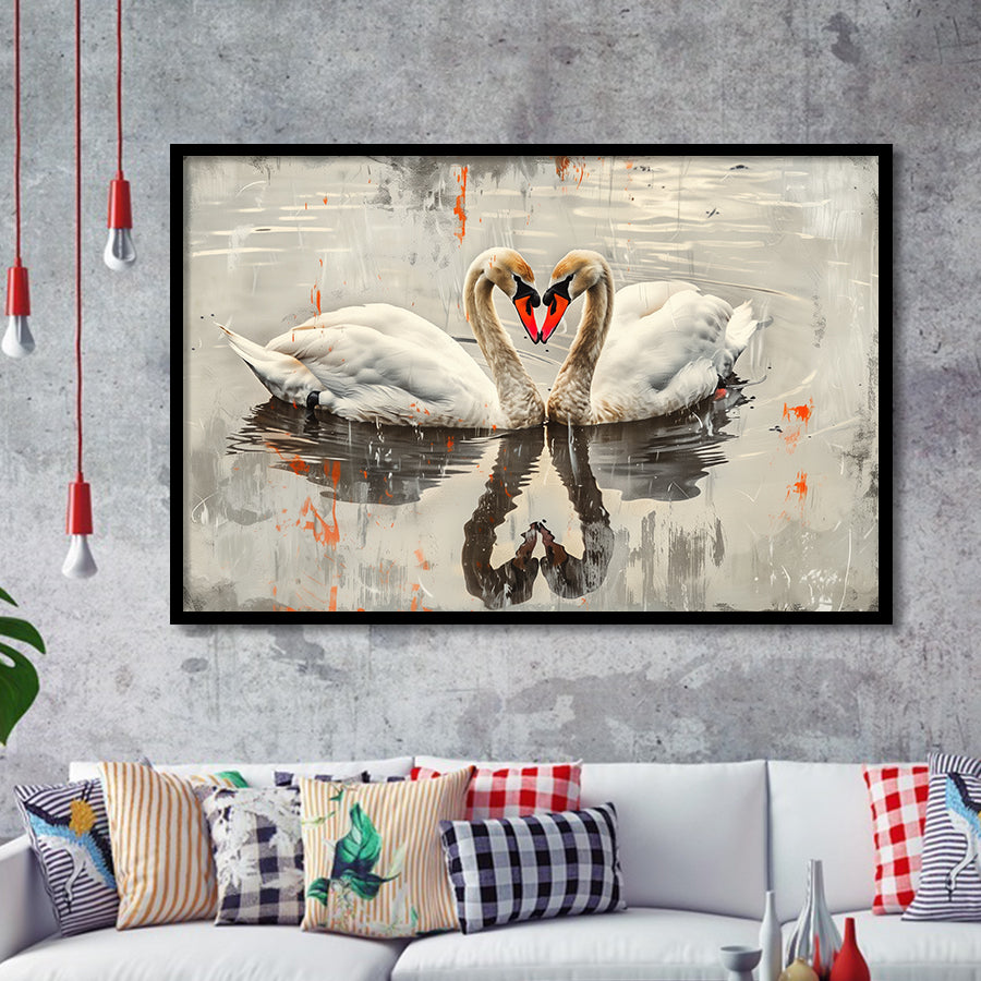 Couple Swans Vintage Painting, Framed Art Print Wall Decor, Picture Framed Painting Art