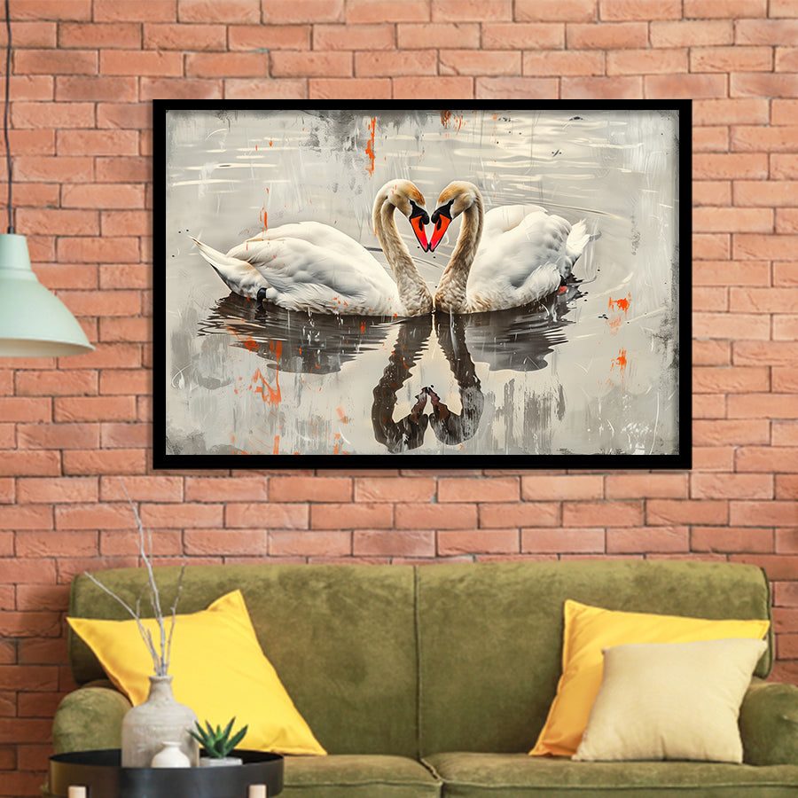 Couple Swans Vintage Painting, Framed Art Print Wall Decor, Picture Framed Painting Art