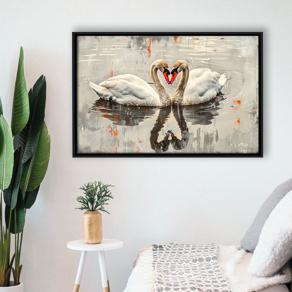 Couple Swans Vintage Painting, Framed Canvas Print Wall Art Decor, Floating Frame Painting Canvas