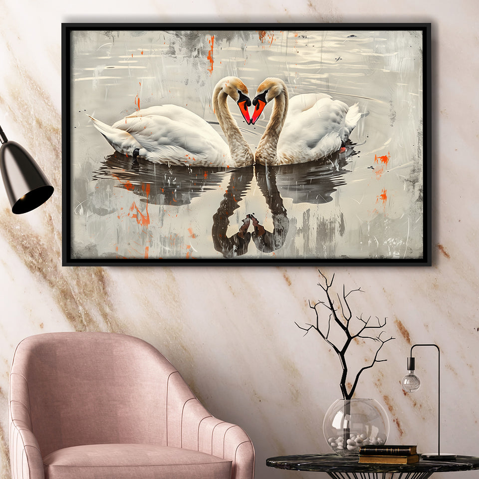 Couple Swans Vintage Painting, Framed Canvas Print Wall Art Decor, Floating Frame Painting Canvas