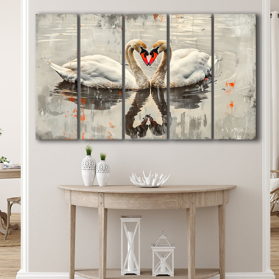 Couple Swans Vintage Painting, Mixed 5 Panel B Canvas Print Wall Art Decor, Extra Large Painting Canvas