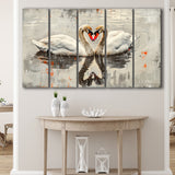Couple Swans Vintage Painting, Mixed 5 Panel B Canvas Print Wall Art Decor, Extra Large Painting Canvas