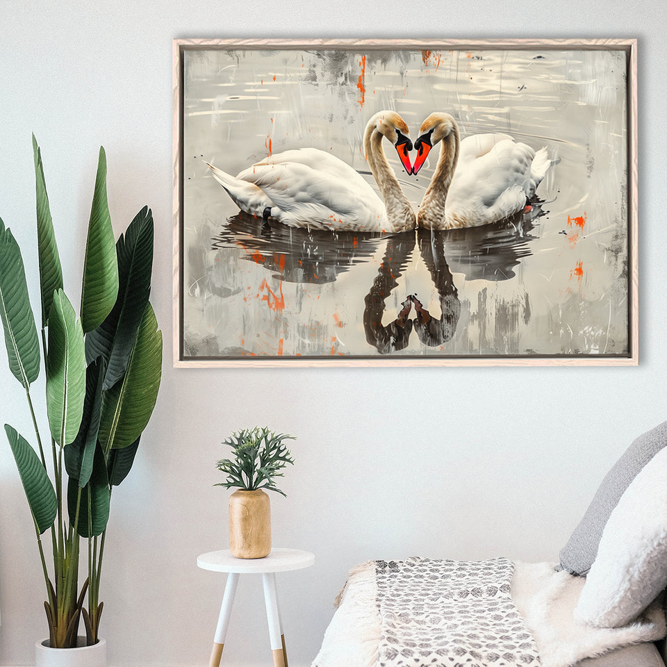 Couple Swans Vintage Painting, Framed Canvas Print Wall Art Decor, Floating Frame Painting Canvas