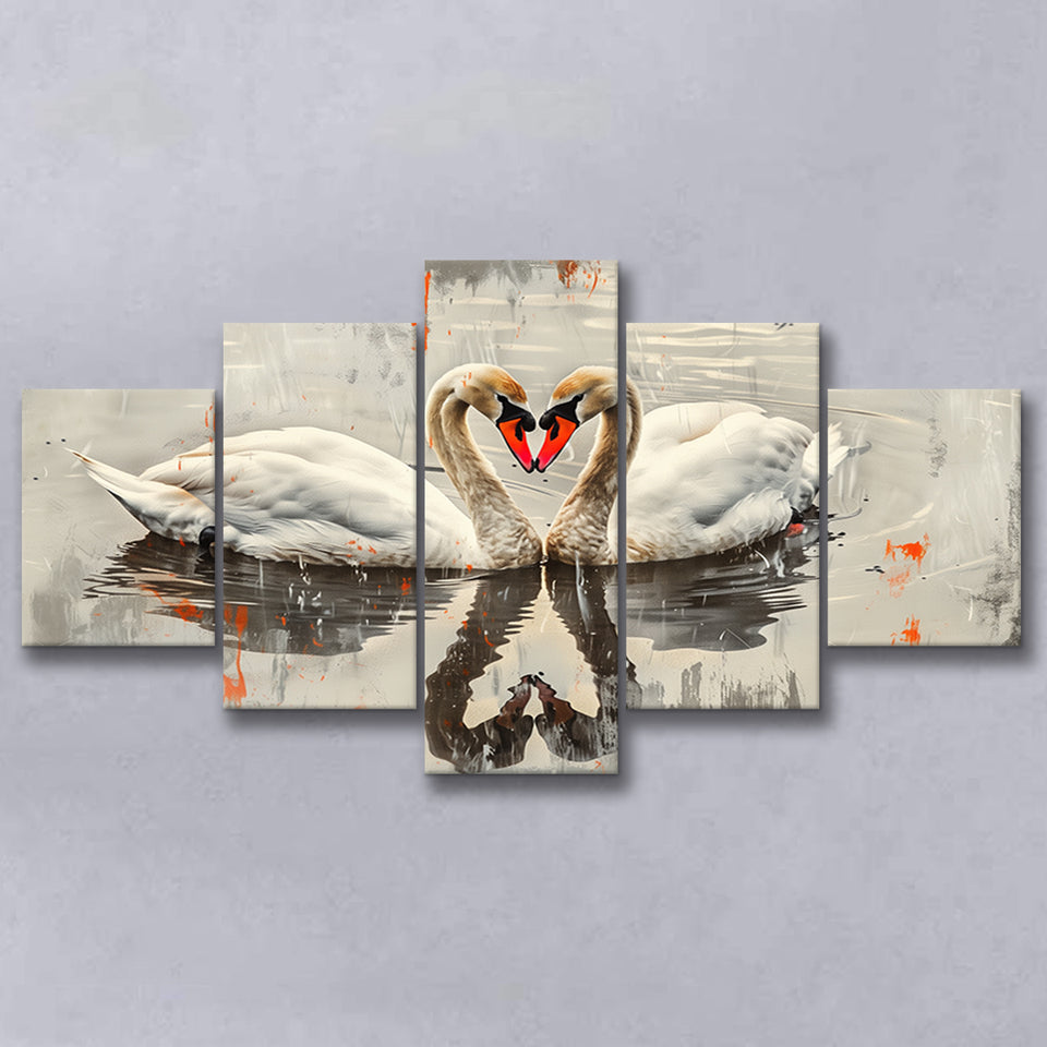 Couple Swans Vintage Painting, Mixed 5 Panel Canvas Print Wall Art Home Decor, Large Canvas Painting
