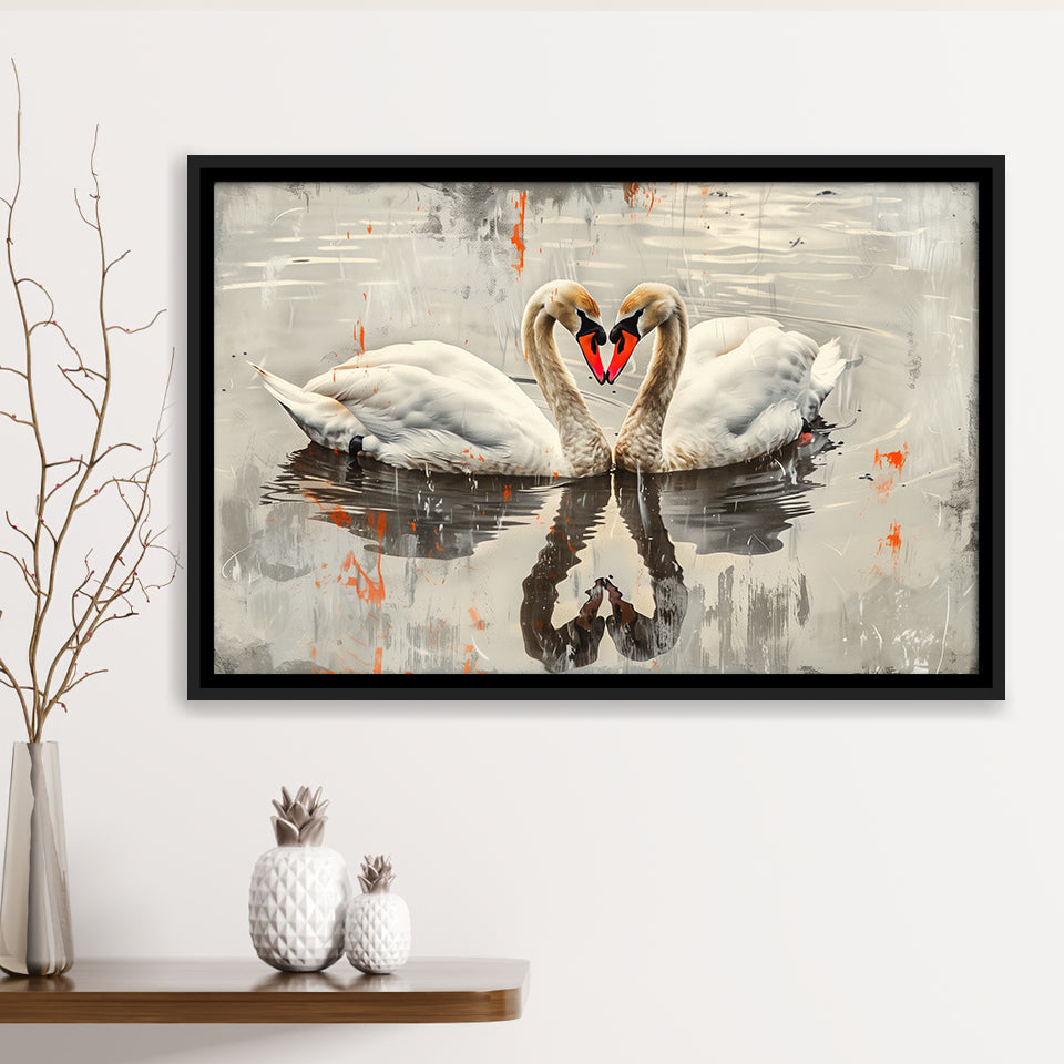 Couple Swans Vintage Painting, Framed Canvas Print Wall Art Decor, Floating Frame Painting Canvas