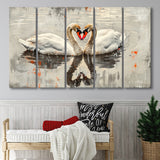 Couple Swans Vintage Painting, Mixed 5 Panel B Canvas Print Wall Art Decor, Extra Large Painting Canvas