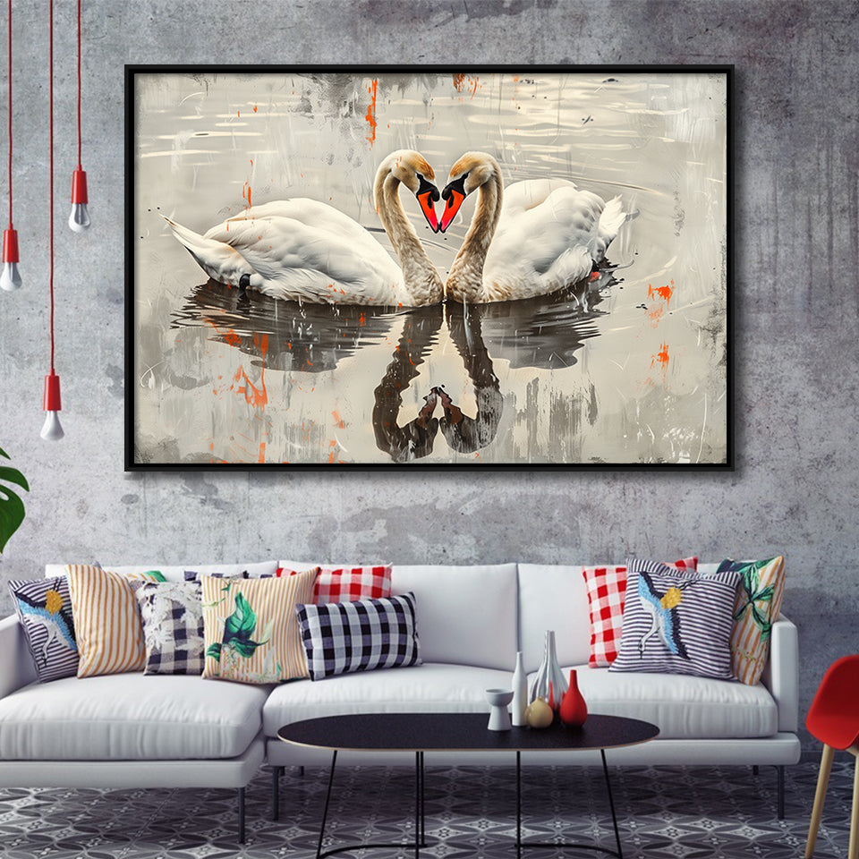 Couple Swans Vintage Painting, Framed Canvas Print Wall Art Decor, Floating Frame Painting Canvas