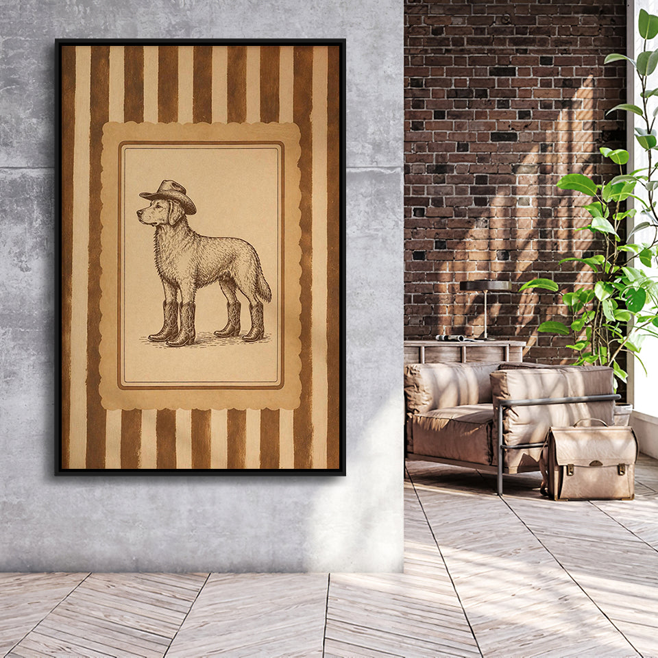 Cowboy Dog Wall Art Print, Funny Western Dancing Dog, Silly Dog Nursery Decor, Framed Canvas Print, Floating Frame