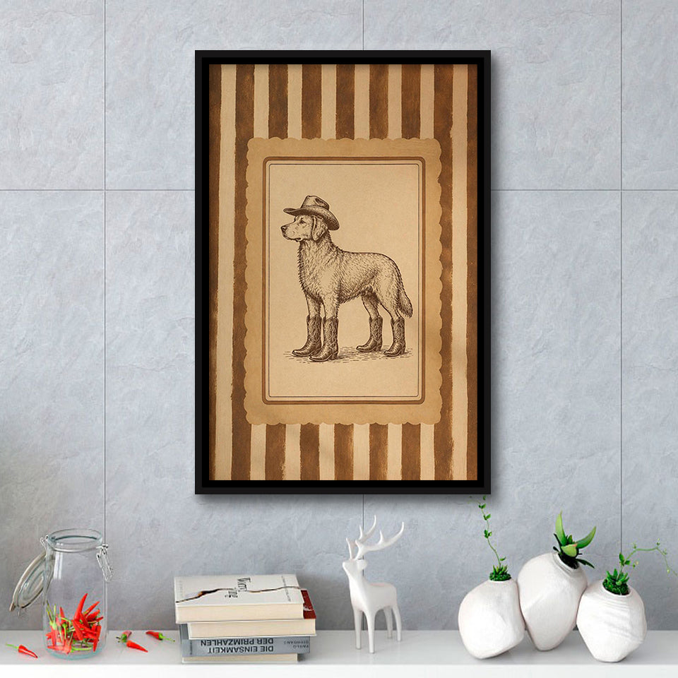 Cowboy Dog Wall Art Print, Funny Western Dancing Dog, Silly Dog Nursery Decor, Framed Canvas Print, Floating Frame