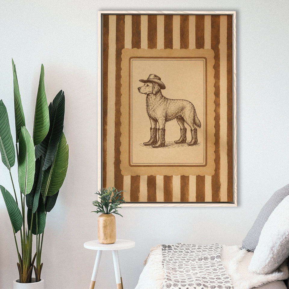 Cowboy Dog Wall Art Print, Funny Western Dancing Dog, Silly Dog Nursery Decor, Framed Canvas Print, Floating Frame