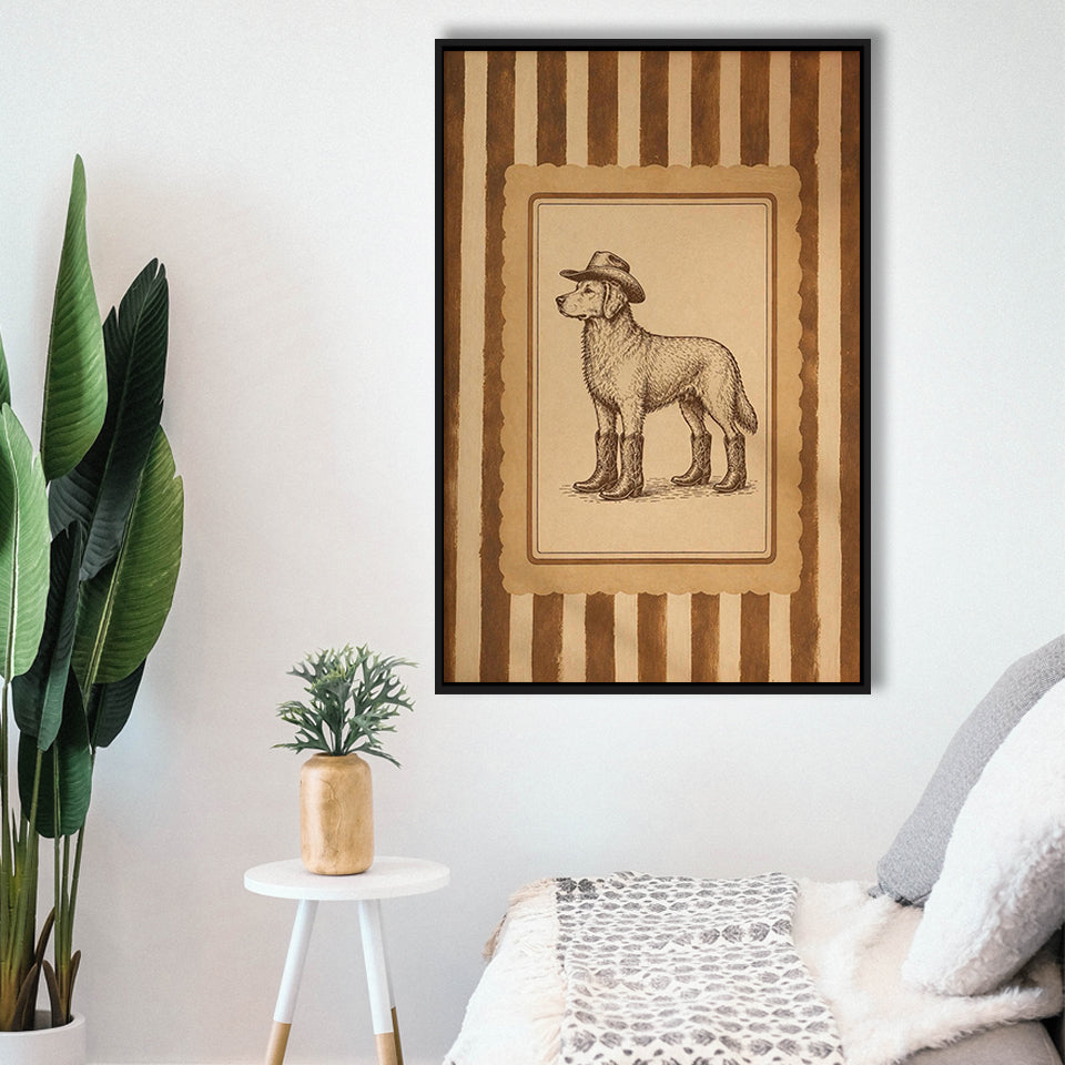 Cowboy Dog Wall Art Print, Funny Western Dancing Dog, Silly Dog Nursery Decor, Framed Canvas Print, Floating Frame