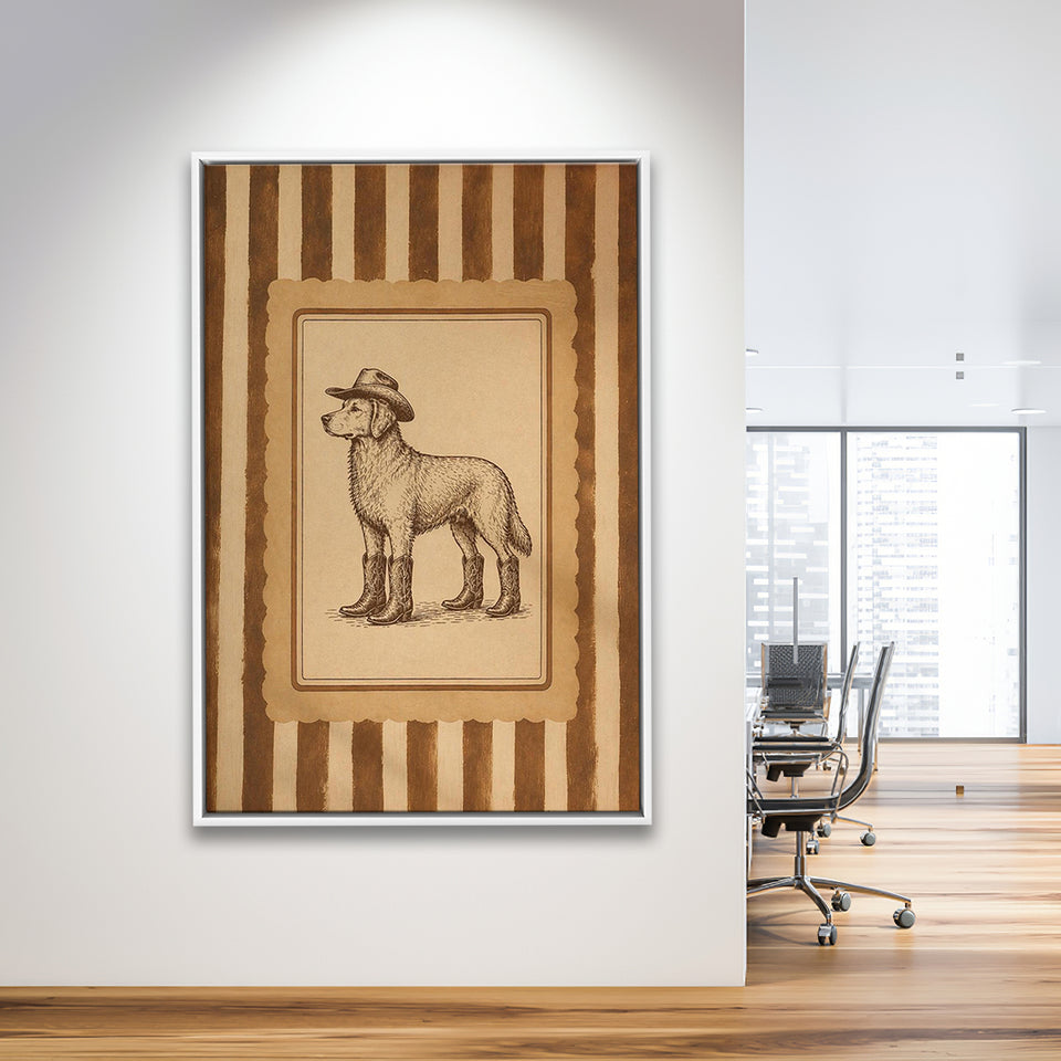 Cowboy Dog Wall Art Print, Funny Western Dancing Dog, Silly Dog Nursery Decor, Framed Canvas Print, Floating Frame