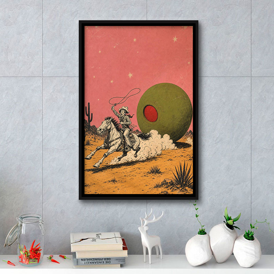 Cowboy Lasso Olive, Funny Vintage Bar Wall Art, Retro Western Print, Framed Canvas Print, Floating Frame