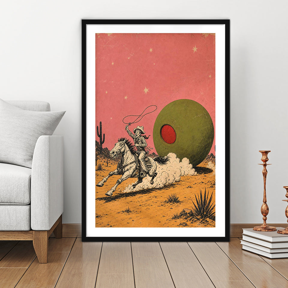 Cowboy Lasso Olive, Funny Vintage Bar Wall Art, Retro Western Print, Framed Art Print White Border