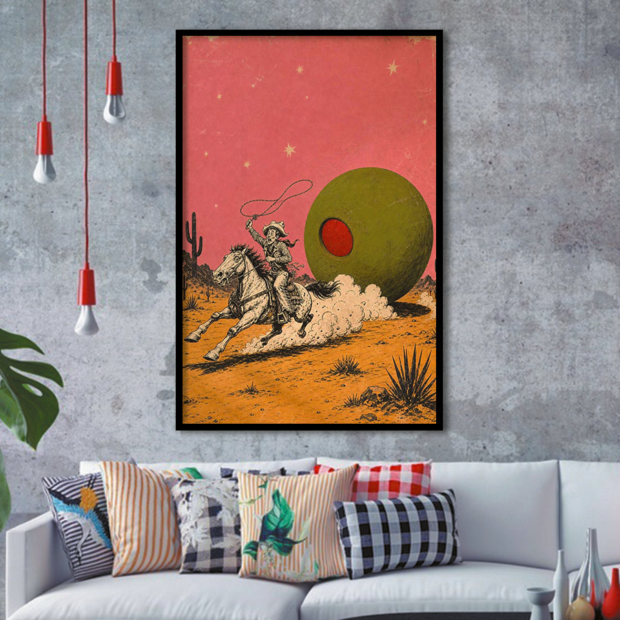 Cowboy Lasso Olive, Funny Vintage Bar Wall Art, Retro Western Print, Framed Art Print, Fine Art Wall Decor