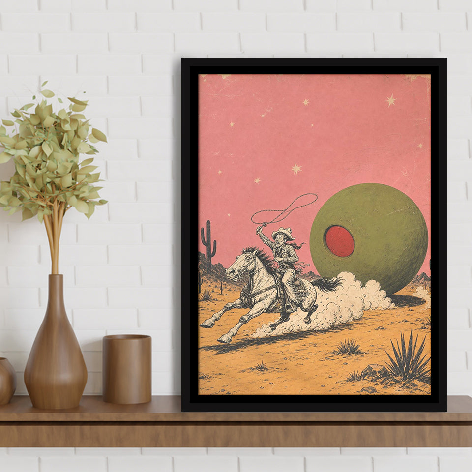 Cowboy Lasso Olive, Funny Vintage Bar Wall Art, Retro Western Print, Framed Canvas Print, Floating Frame