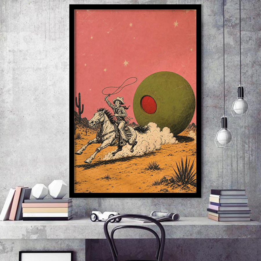 Cowboy Lasso Olive, Funny Vintage Bar Wall Art, Retro Western Print, Framed Art Print, Fine Art Wall Decor