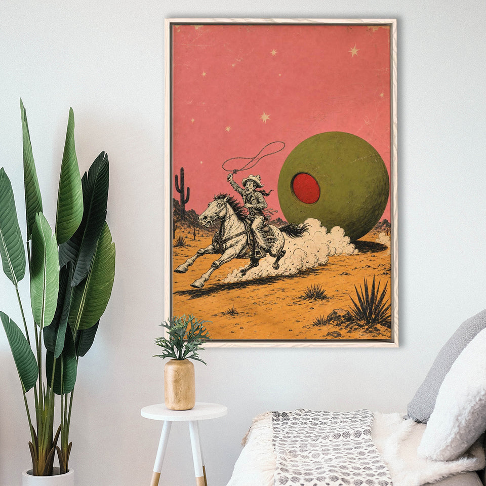 Cowboy Lasso Olive, Funny Vintage Bar Wall Art, Retro Western Print, Framed Canvas Print, Floating Frame