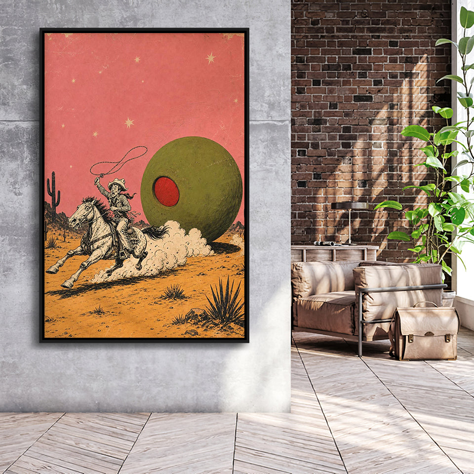 Cowboy Lasso Olive, Funny Vintage Bar Wall Art, Retro Western Print, Framed Canvas Print, Floating Frame
