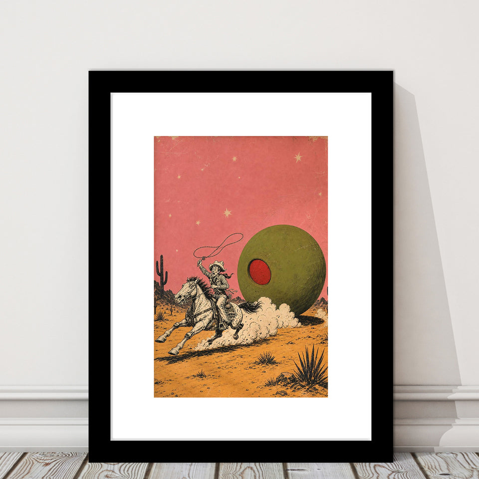 Cowboy Lasso Olive, Funny Vintage Bar Wall Art, Retro Western Print, Framed Art Print White Border