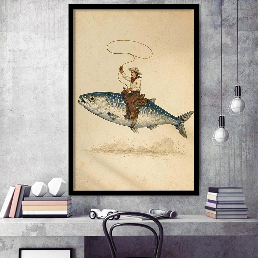 Cowboy Riding Fish, Funny Fishing Wall Art, Vintage Western Print, Framed Art Print, Fine Art Wall Decor