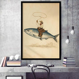 Cowboy Riding Fish, Funny Fishing Wall Art, Vintage Western Print, Framed Art Print, Fine Art Wall Decor