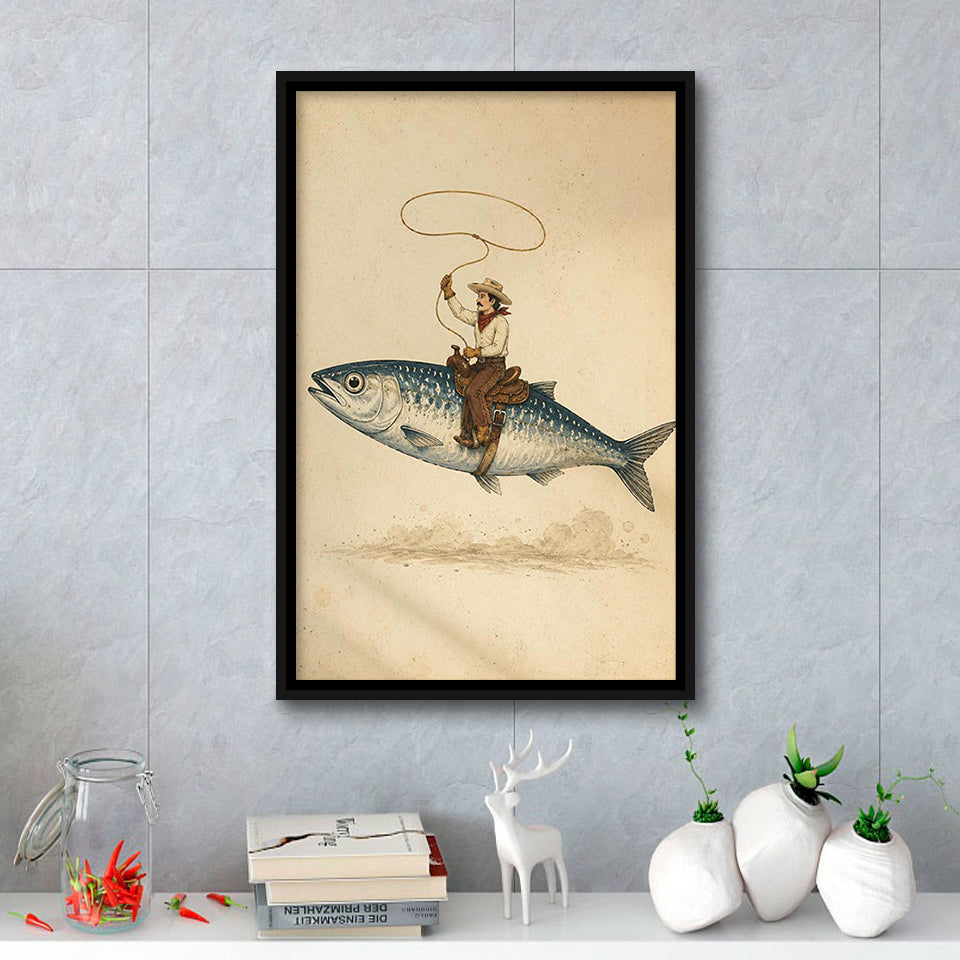 Cowboy Riding Fish, Funny Fishing Wall Art, Vintage Western Print, Framed Canvas Print, Floating Frame